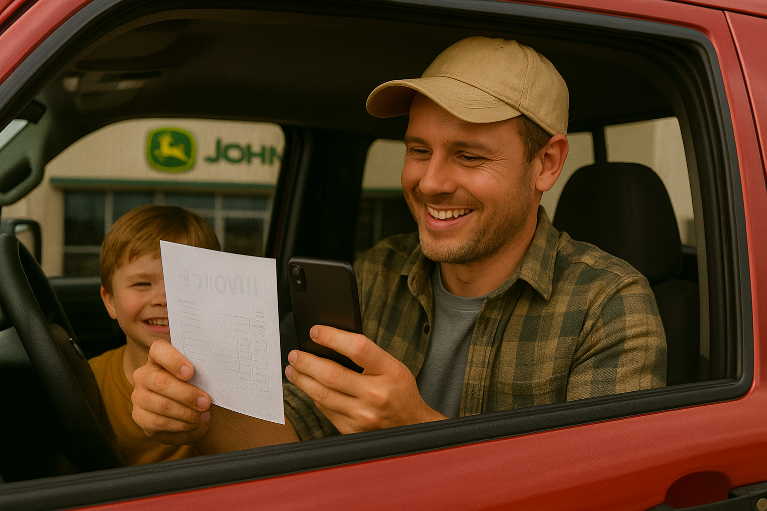 A business owner using a phone to submit a receipt while working on the road.